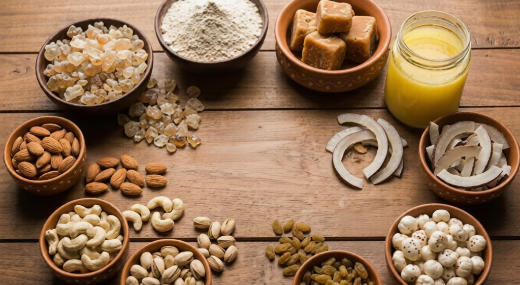 Home Ingredients for Sethaura and Gond Laddu arranged on a wooden table, including bowls of almonds, cashews, fox nuts (makhana), raisins, jaggery cubes, pure ghee, edible gum, and sliced dry coconut.