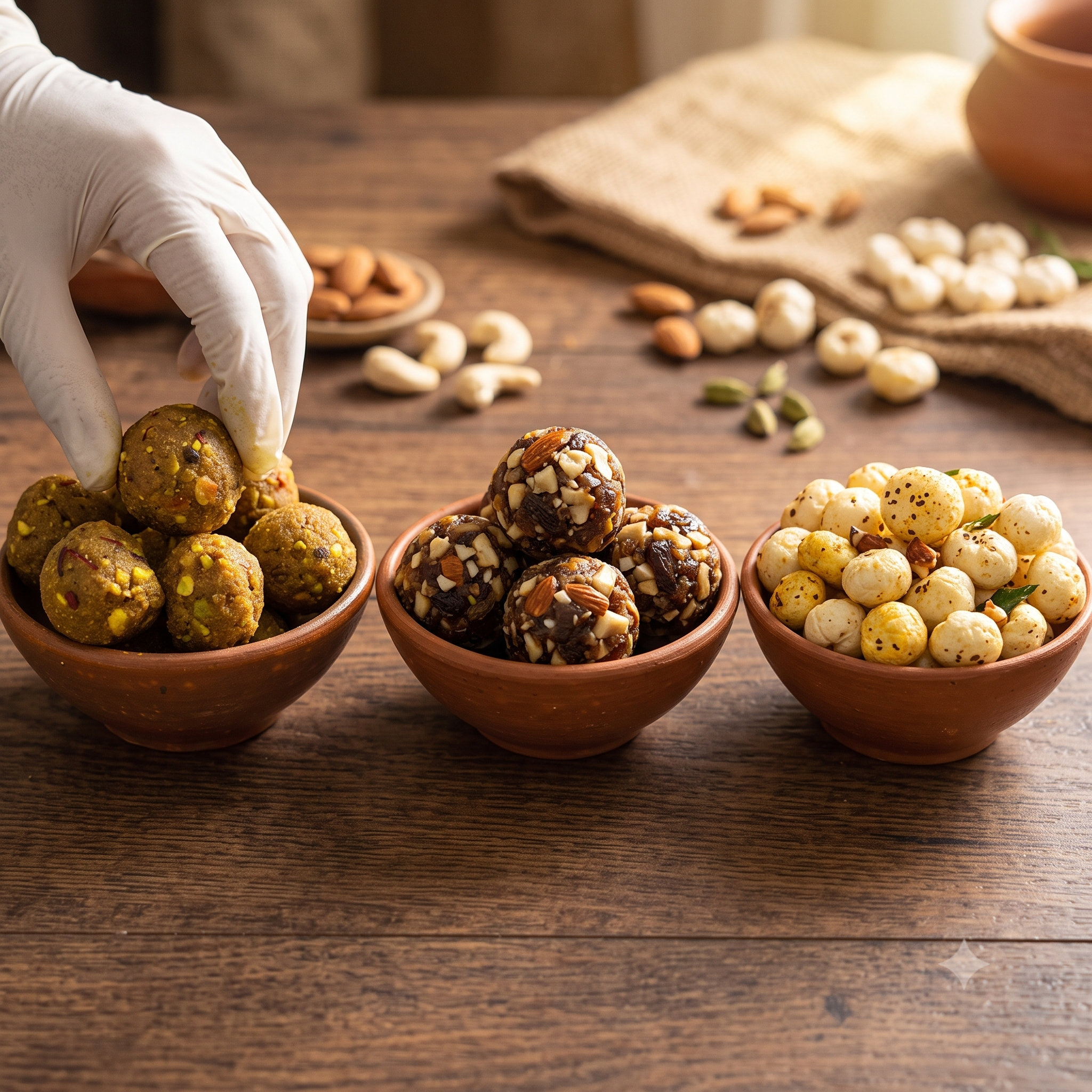 Home Poshitam authentic Sethaura, premium Dry Fruit Laddu, and roasted Makhana in traditional earthen bowls